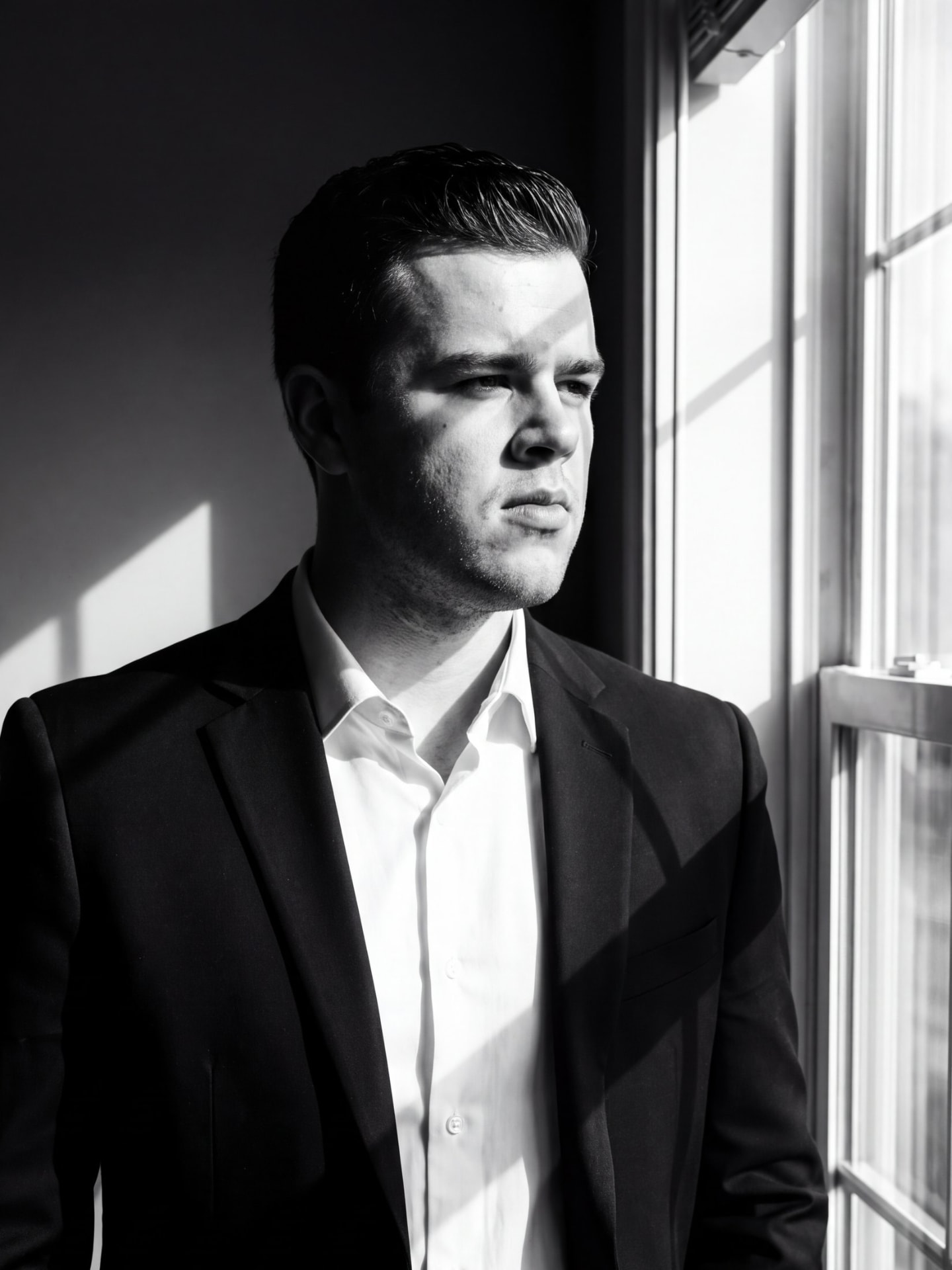 Black and white portrait of J. Abel Scott, EA, in hard window light