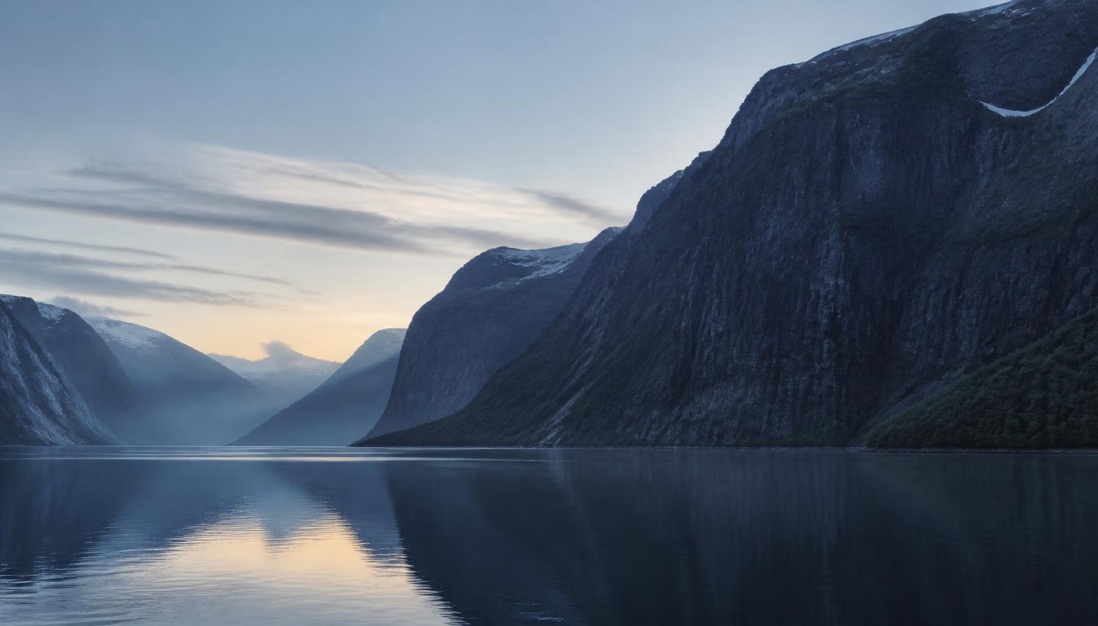 Norwegian fjord at dawn with pale glacial light on still water